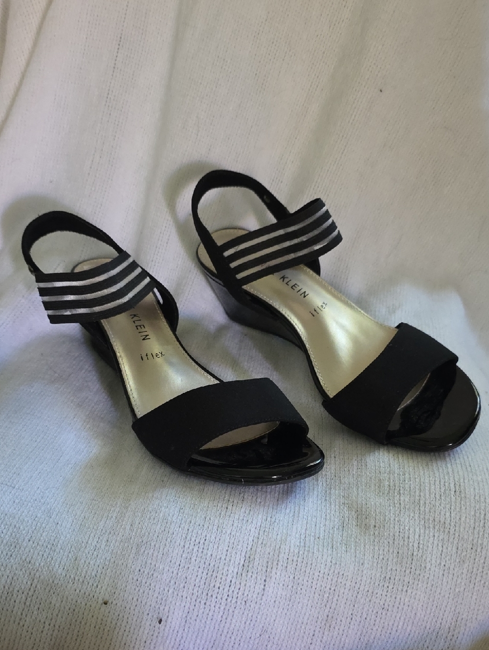 Anne Klein Black Open-Toe Wedge Sandals with Striped Elastic Ankle Strap